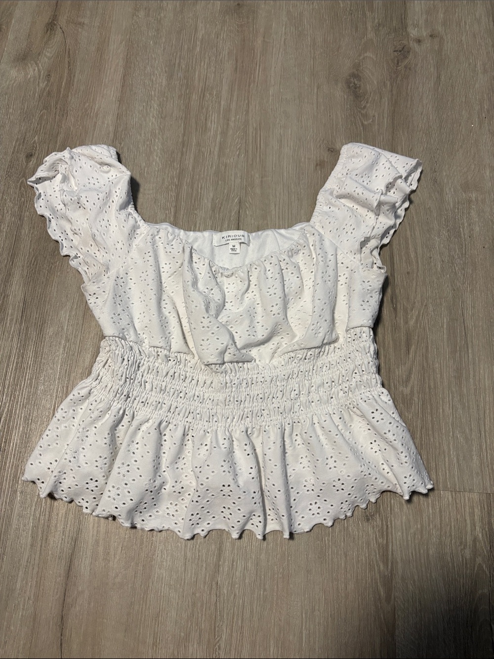 Kirious Eyelet Smocked White Crop Top with Ruffle Sleeves